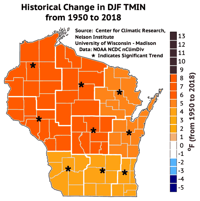 Map of Wisconsin showing that the average minimum temperatures in winter have risen since 1950.