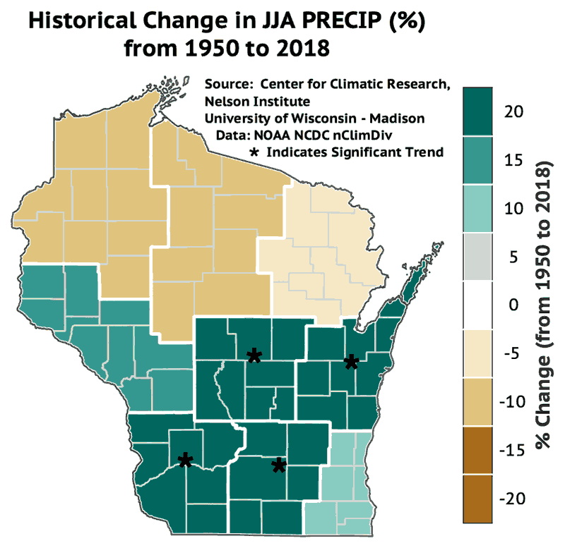 Map of Wisconsin showing that summer precipitation has decreased in northern Wisconsin and increased in southern Wisconsin.