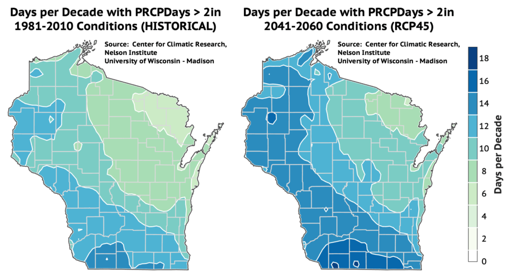 Map of Wisconsin showing that days of extreme precipitation are projected to become more frequent in the coming decades.
