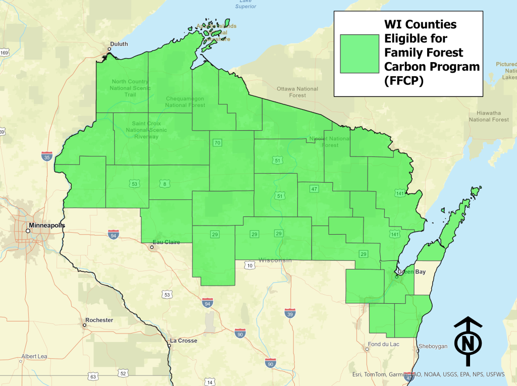 A map highlighting most of the counties in northern and north-central Wisconsin.