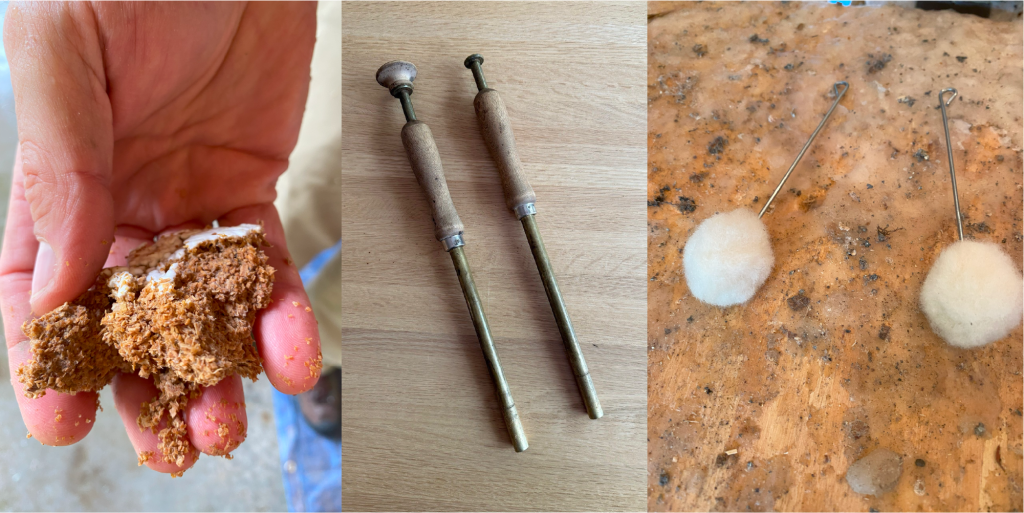 Collage of sawdust spawn, tool for injecting spawn into drilled holes, and cotton daubers