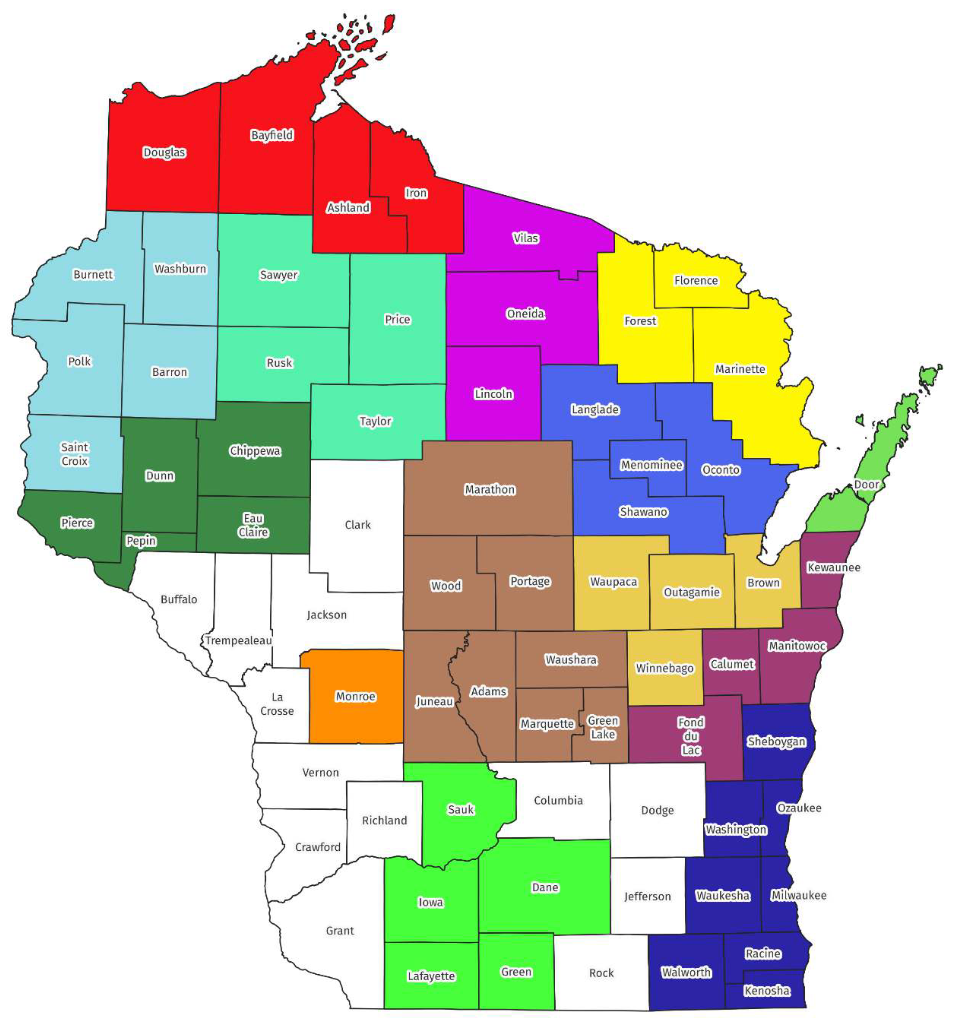 Map of the counties covered by the 14 CISMAs in Wisconsin.