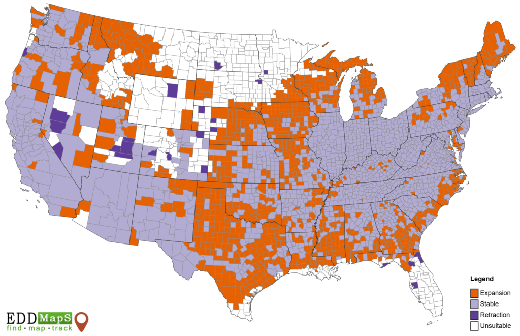Map of the current and projected future range of tree-of-heaven