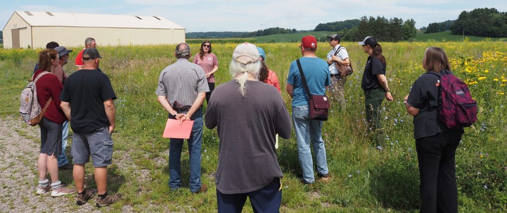 A group of landowners in a prairie on the Sauk County Farm.