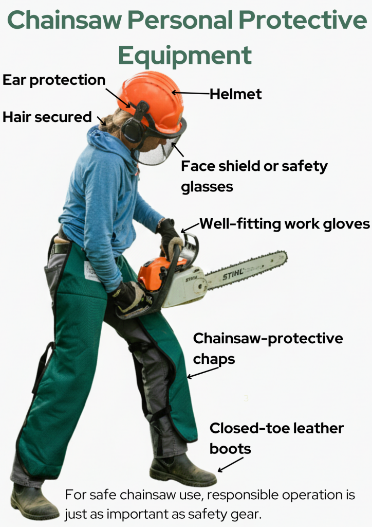 A person holding a chainsaw, with arrows and labels for each piece of personal protective equipment she is wearing.