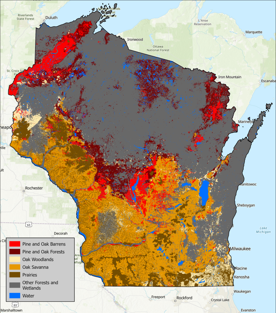 A map showing fire-dependent ecosystems in Wisconsin, many of which are in the southern part of the state but a few of which are in the northern part of the state.