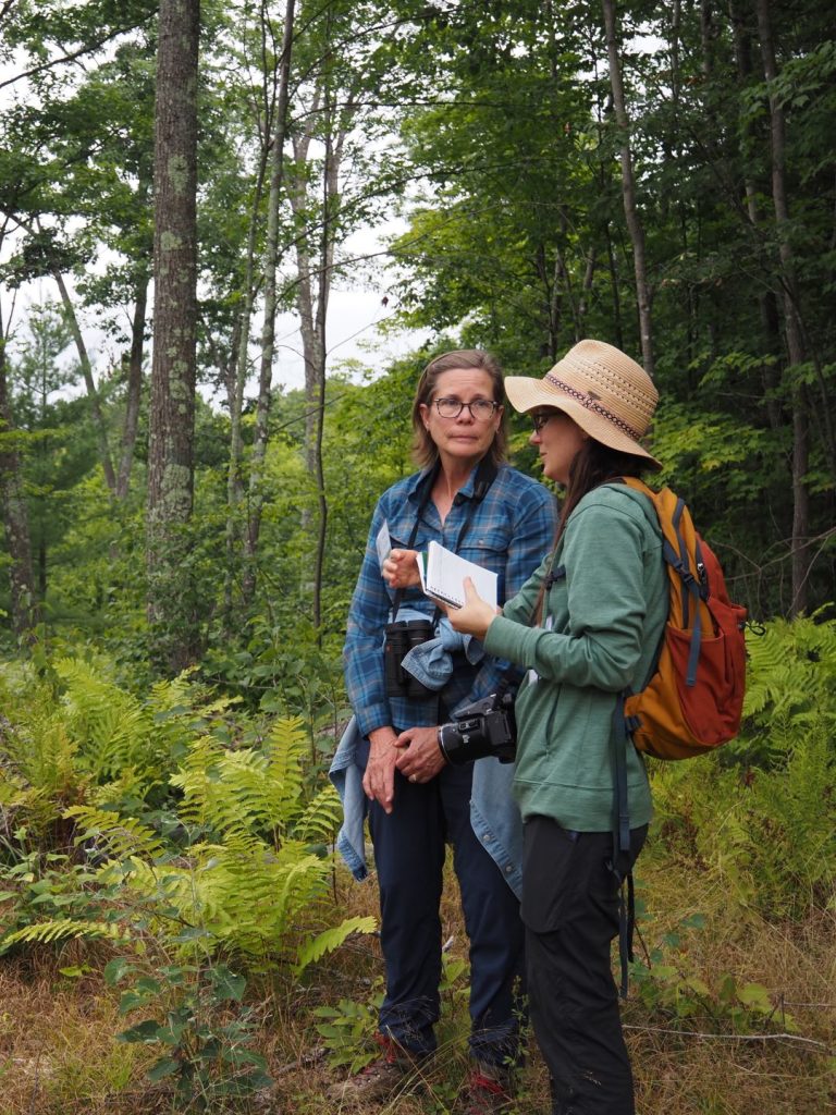 Two women talking in a forest