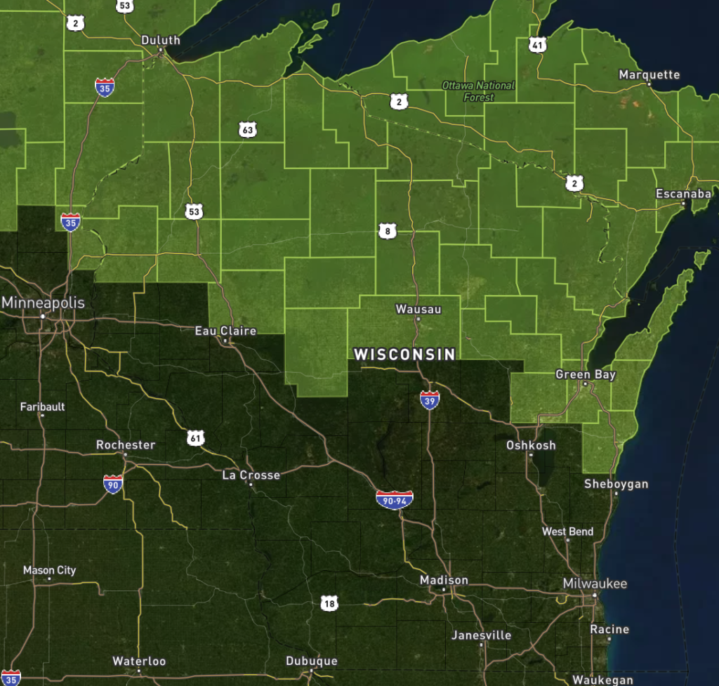 Map of Wisconsin with counties in the northern part of the state highlighted