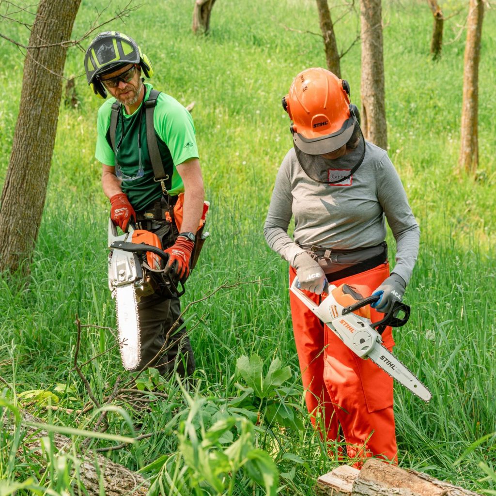 A man holding a gas saw with an 18" bar and a woman holding an electric saw with a 12" bar.