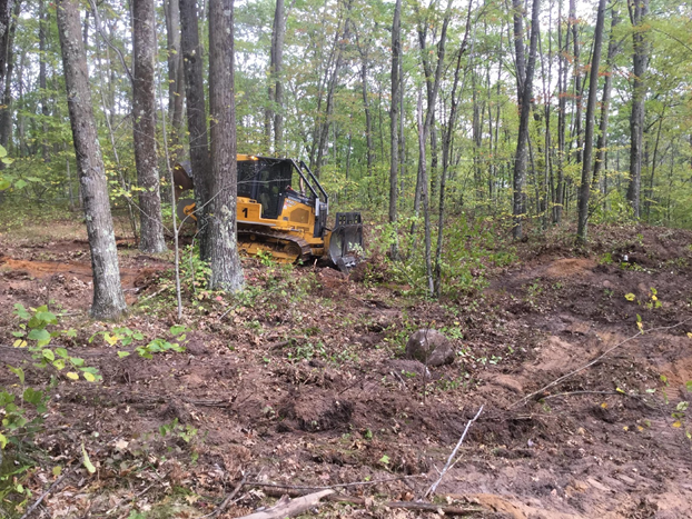 a bulldozer raking soil in a forest to scarify the soil