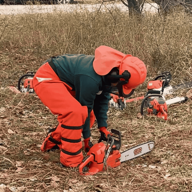 3-second video of a person starting a chainsaw on the ground.
