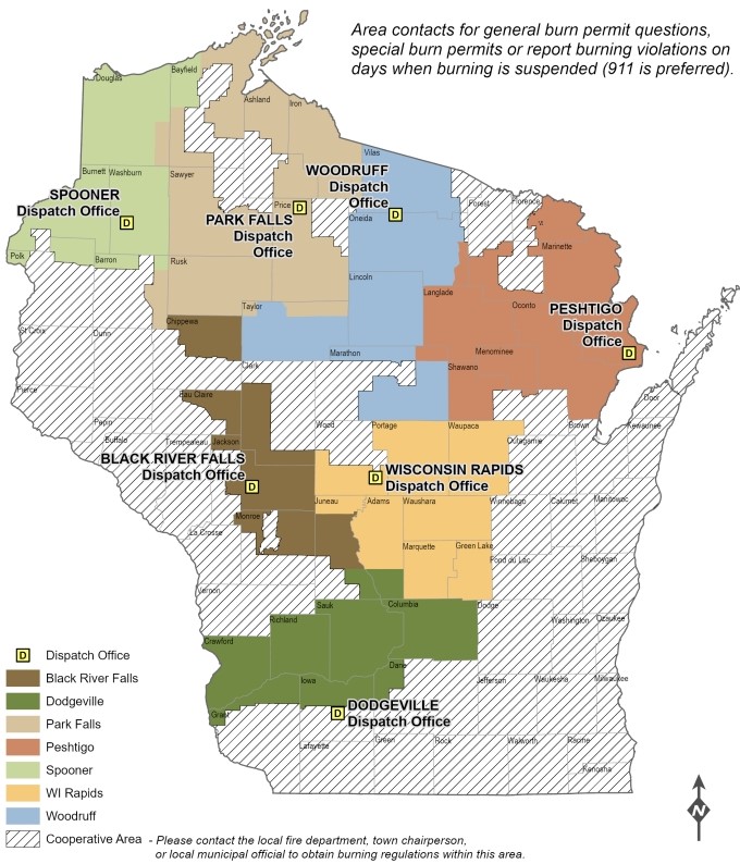 Map of the regions corresponding to the 7 Wisconsin DNR fire dispatch offices.