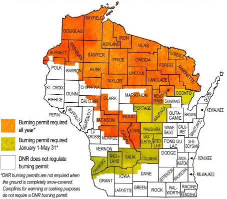 Wisconsin DNR Fire Protection Areas map. In most of northern Wisconsin, a burn permit is required all year. In parts of central and southwest Wisconsin, a burn permit is required January 1 through May 31. In the rest of the state, the DNR does not regulate burning permits.