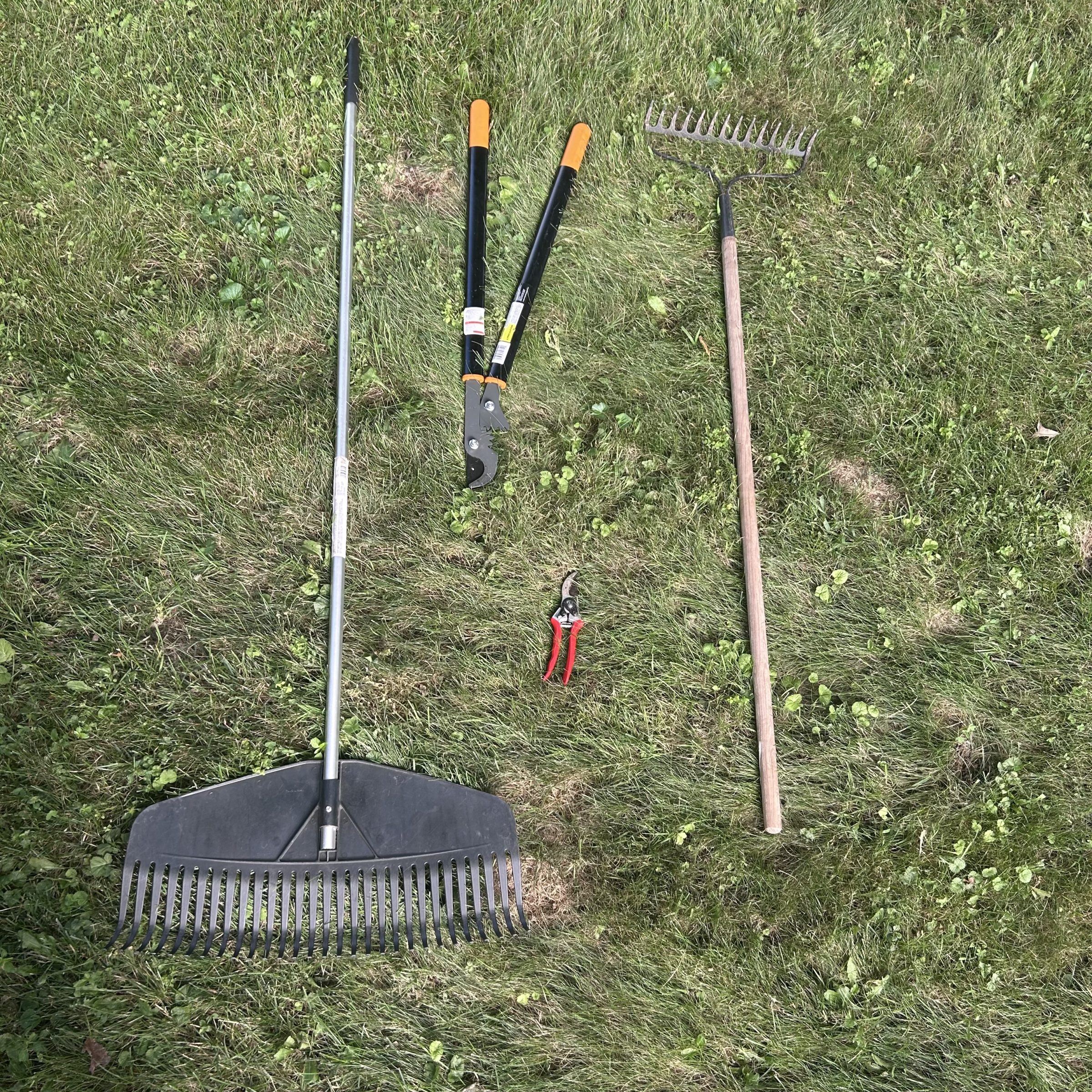 hard-tined garden and leaf rake, pruners, loppers